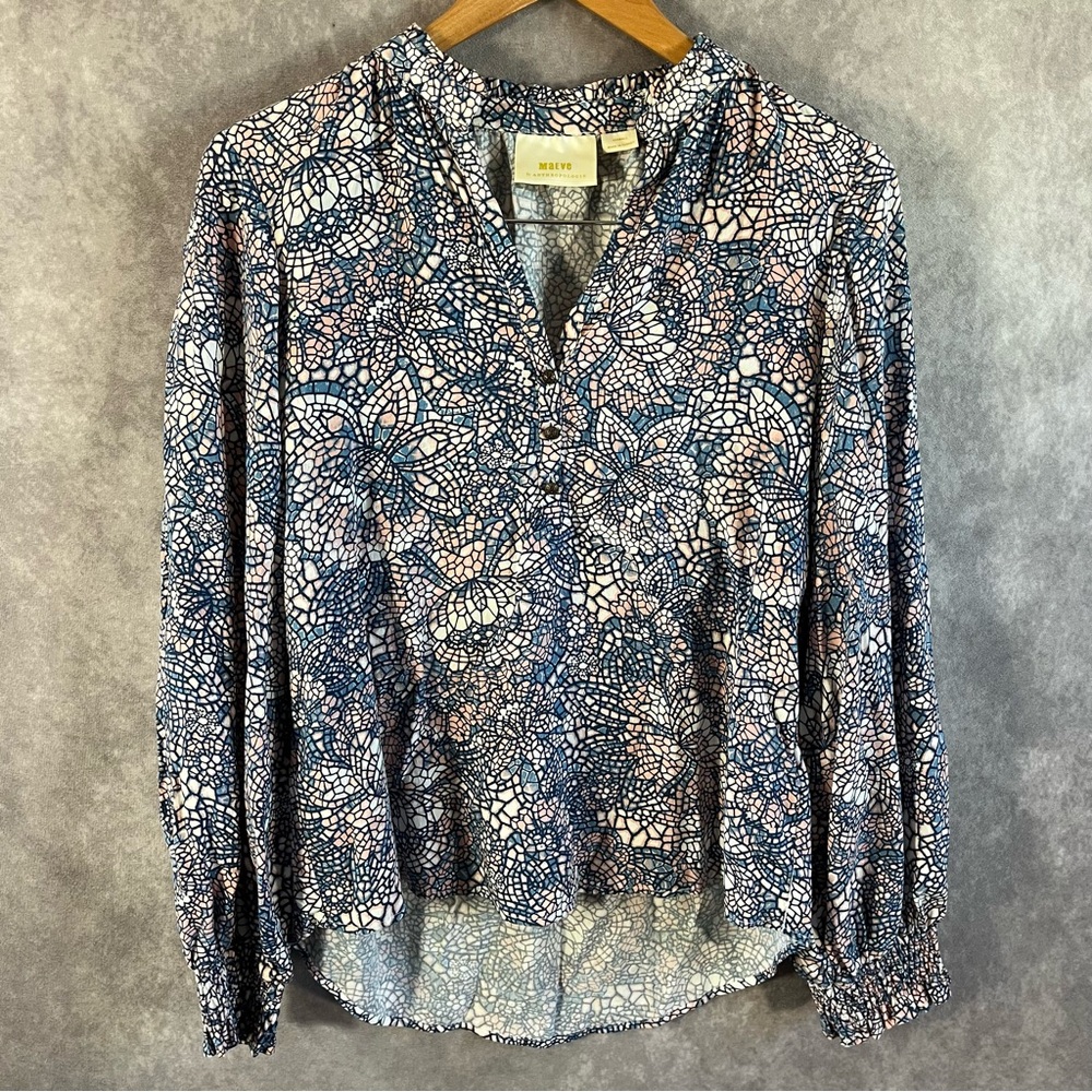 Anthropologie Maeve Blouse Women XXS Blue Balloon Sleeve Pink V-Neck Button Top